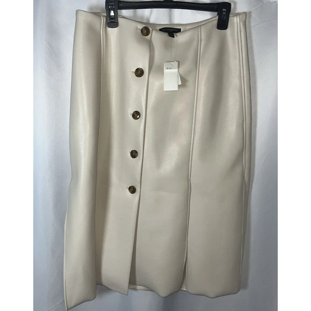 Banana Republic Seamed Vegan Leather Womens Midi Skirt Size 14 Oyster Pearl